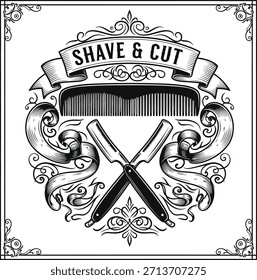 Afeite y corte la tipografía dentro del marco adornado para el logotipo de la barbería, insignia de la peluquería del vintage, emblema del estilo del aseo y aislado en la ilustración gráfica transparente