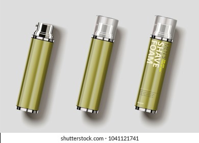 Shave foam package design, top view of blank spray bottle in 3d illustration