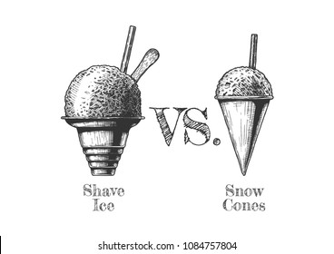 Shave ice vs. Snow Cones. Vector hand drawn illustration in vintage engraved style. Isolated on white background.