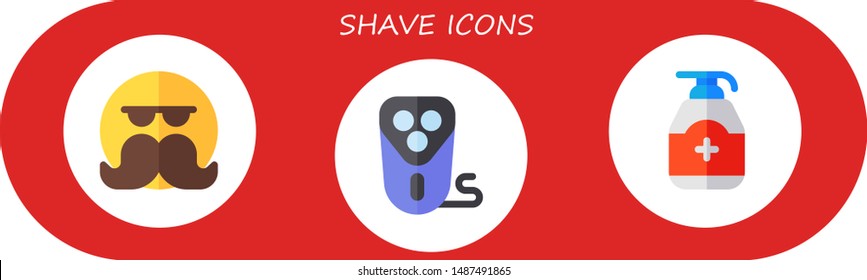 shave icon set. 3 flat shave icons.  Collection Of - moustache, electric shaver, gel