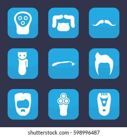 shave icon. Set of 9 filled shave icons such as man hairstyle, mustache, electric razor