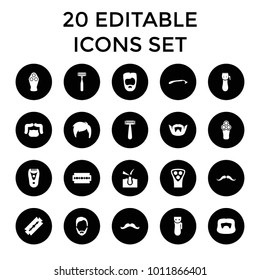 Shave icons. set of 20 editable filled shave icons such as mustache, razor, electric razor. best quality shave elements in trendy style.
