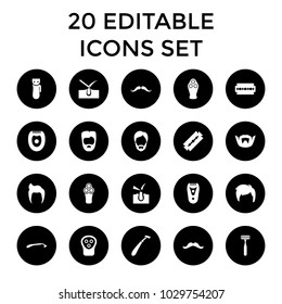 Shave icons. set of 20 editable filled shave icons such as man hairstyle, mustache, razor. best quality shave elements in trendy style.