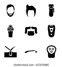 Shave icons set. set of 9 shave filled icons such as man hairstyle, electric razor, razor