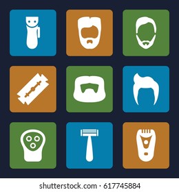 Shave icons set. set of 9 shave filled icons such as man hairstyle, razor