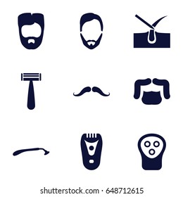Shave icons set. set of 9 shave filled icons such as mustache, razor, shave hair in skin, man hairstyle
