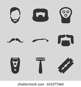 Shave icons set. set of 9 shave filled icons such as mustache, razor, man hairstyle