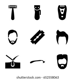 Shave icons set. set of 9 shave filled icons such as man hairstyle, razor, electric razor