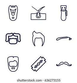 Shave icons set. set of 9 shave outline icons such as man hairstyle, mustache, razor, electric razor