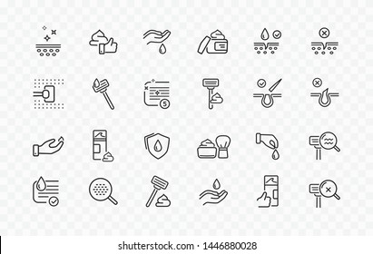 Shave Line Icon Set Isolated On Transparent Background. Care Skin, Safety Razor, Shaving Tools, Foam, Face Cream Sale Signs. Vector Outline Stroke Icons.