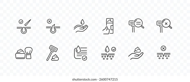 Shave line icon set isolated on transparent background. Care skin, shaving tools, foam, face cream signs. Vector outline stroke symbols