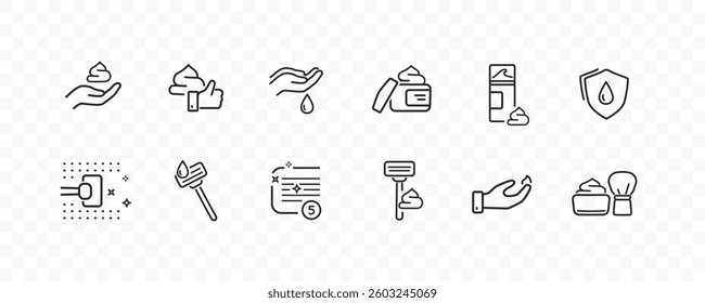 Shave line icon set isolated on transparent background. Care skin, shaving tools, foam, face cream signs. Vector outline stroke symbols
