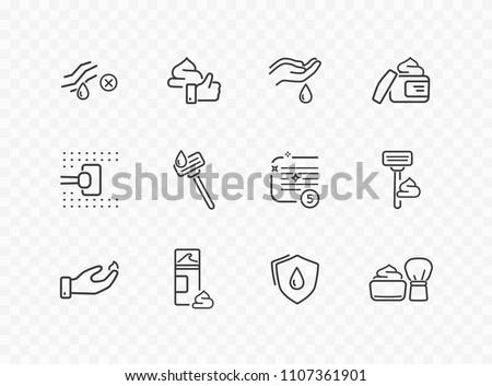 Shave line icon set isolated on transparent background. Care skin, shaving tools, foam, face cream signs. Mousse, gel, drop icons. Vector outline stroke symbols for your design.
