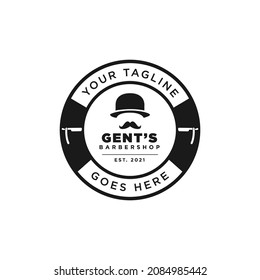 Shave with Masculine Mustache and Bowler Hat for Vintage Retro Hipster Barbershop Hair Salon Logo design