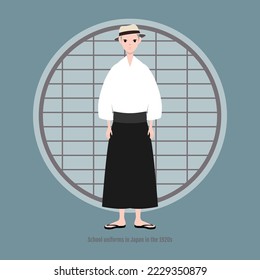 A shaved head boy wearing a 1920s Japanese school uniform with a boater hat. Background is the Japanese style door.