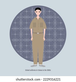 A shaved head boy wearing a 1960s Taiwanese school uniform. The background is the retro pattern of window gratings.
