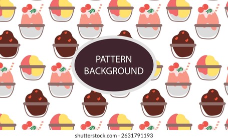 shaved ice pattern background. Shaved Ice with Topping .vector pattern with ice cream and Korean traditional ice flakes dessert called bingsu. Menu, poster, banner, flyer template for a cafe.