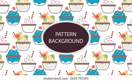 shaved ice pattern background. Shaved Ice with Topping .vector pattern with ice cream and Korean traditional ice flakes dessert called bingsu. Menu, poster, banner, flyer template for a cafe.