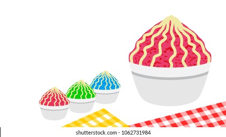Shaved ice refreshing frozen syrup dessert with different flavors. Flat design vector illustration. Icons isolated on transparent background.