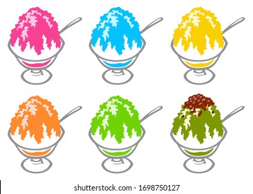 Shaved ice topped with flavored syrup against white background