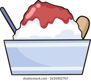 Shaved ice topped with red sauce in a cup and a spoon.