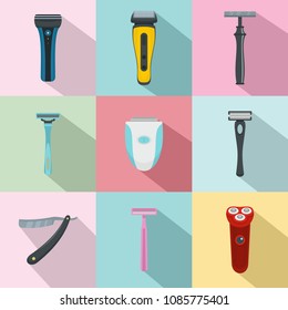 Shaver blade razor personal icons set. Flat illustration of 9 shaver blade razor personal vector icons for web