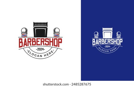 Shaver logo design. Barbershop symbol with shaver and barber pole icon. Haircut vector sign