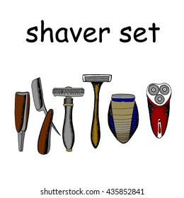 Shaver set. Cartoon straight razor, shaver, electric shaver, epilator vector stock illustration. Isolated on white background