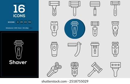 Shaver set of outline icons related to analysis, infographic, analytics. Editable stroke. Vector illustration.