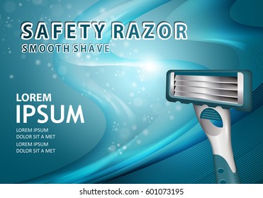 Shavers with four blades on wavy backdrop.New flexible safety razor.Special light blue background.For web site,ad,advertising,marketing.Also useful for poster,flyer,leaflet and placard.Smooth shave