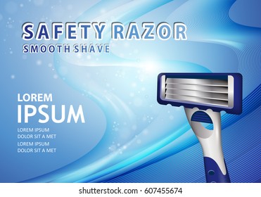 Shavers with four blades on wavy backdrop.New flexible safety razor.Special light blue background.For web site,ad,advertising,marketing.Also useful for poster,flyer,leaflet and placard.Smooth shave