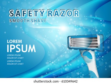 Shavers with four blades on wavy backdrop.New flexible safety razor.Special light blue background.