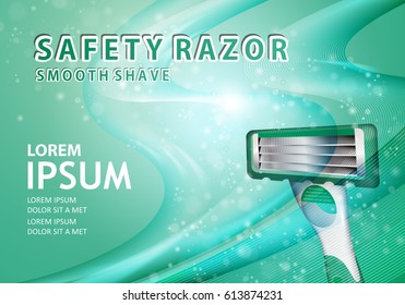 Shavers with four blades on wavy backdrop.New flexible safety razor.Special light green background.For web site,ad,advertising,marketing.Also useful for poster,flyer,leaflet and placard.Smooth shave
