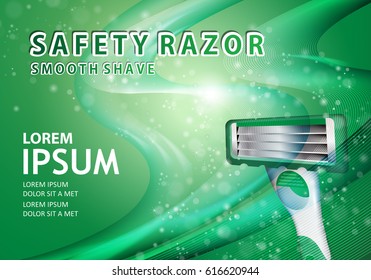 Shavers with four blades on wavy background.New flexible safety razor.Special light green background.For web site,ad,advertising,marketing.Also useful for poster,flyer,leaflet and placard.Smooth shave