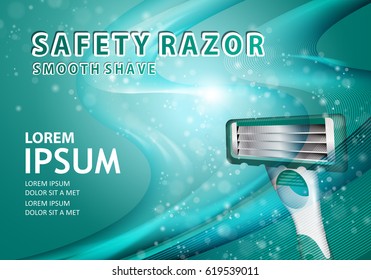 Shavers with four blades on wavy background.New flexible safety razor.Special light green background.For web site,ad,advertising,marketing.