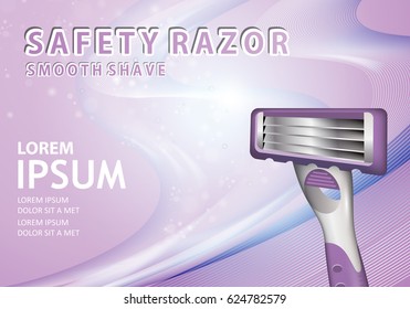Shavers with four blades on wavy background.New flexible safety razor. Special light violet backdrop. For web site, ad, advertising, marketing.