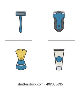 Shaving accessories color icons set. Electric shaver, razor, shaving brush and aftershave cream. Vector isolated illustrations