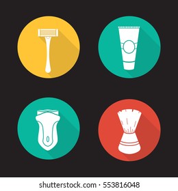 Shaving accessories. Flat design long shadow icons set. Electric shaver, aftershave cream tube, razor, shaving brush. Vector silhouette illustration