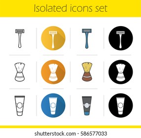 Shaving accessories icons set. Flat design, linear, black and color styles. Aftershave cream tube, razor, shaving brush. Isolated vector illustrations