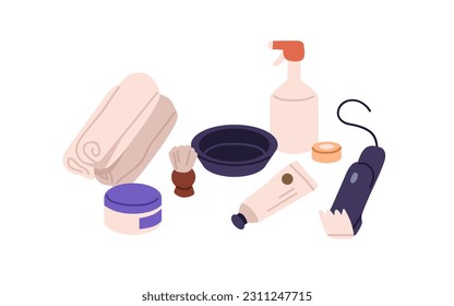 Shaving accessories kit. Brush, hygiene towels, beauty tools, products. Cream in tube, mask, lotion in jar, razor, male cosmetics composition. Flat vector illustration isolated on white background