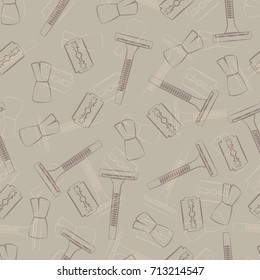 Shaving accessories: machine, blade and brush. Seamless pattern.