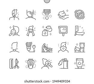 Shaving beard. Barbershop. Skin, razor, hairdresser, hairstyle, facial and moustache. Shaving cream and brush. Pixel Perfect Vector Thin Line Icons. Simple Minimal Pictogram svg