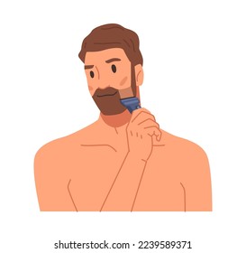 Shaving beard with razor, trimming and cutting long hair, giving shape to mustaches. Isolated man personage and beauty routine, self care. Flat cartoon character vector