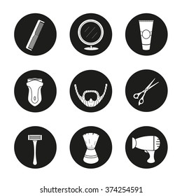 Shaving black icons set. Barber shop. Electric shaver, scissors and comb, facial hair care equipment, after shave cream. Shaving brush, hairdryer and beard illustrations. Vector logo concepts