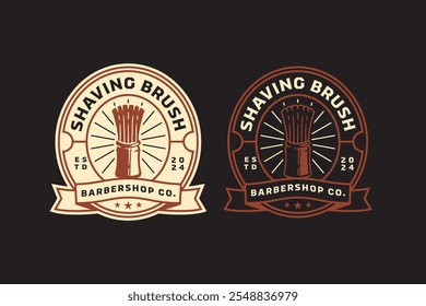 Rasierpinsel Friseur Werkzeug Retro-Badge Logo Design-Set für Friseur, Salon, Haarschnitt, Rasierapparate, Friseur, Hipster, Gentleman, Beauty. traditionelle Bürste Rasieren Friseur Ausrüstung Vintage Emblem Logo