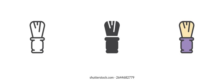 Shaving brush with bristles icon in line, solid, and filled outline colorful styles. Vector barbershop grooming icon and foam application tool symbol for shaving.