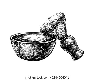 Shaving brush and mug. Ink sketch isolated on white background. Hand drawn vector illustration. Vintage style stroke drawing.