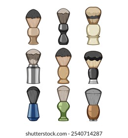 shaving brush set cartoon. lather handle, synthetic badger, horsehair exfoliate shaving brush sign. isolated symbol vector illustration