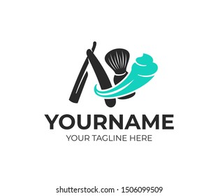 Shaving, shaving brush and straight razor with shaving foam, logo design. Beauty salon, barber, barbershop and hairdresser , vector design and illustration