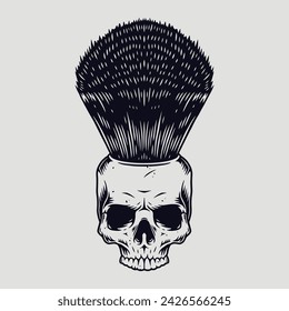 Shaving brush vintage element monochrome with skull instead of handle for interior design of barbershop in horror style vector illustration
